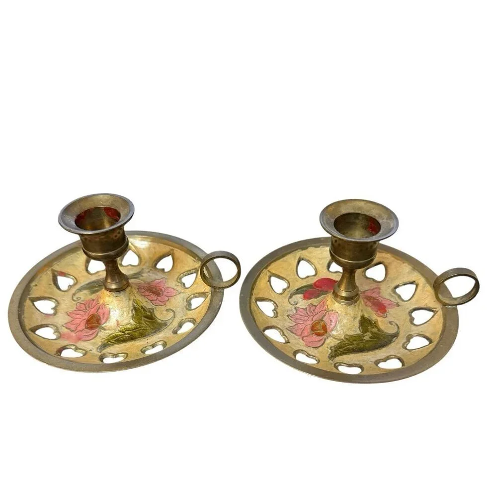 Vintage Brass Chamber Stick | Cloisonné Candle Holder | Enameled Flower Motif